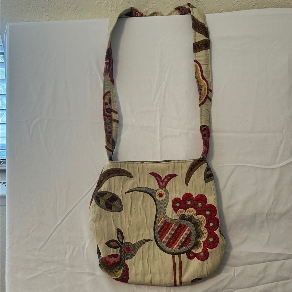 Embroidered Beige Crossbody Bag with Pink and Brown Accents